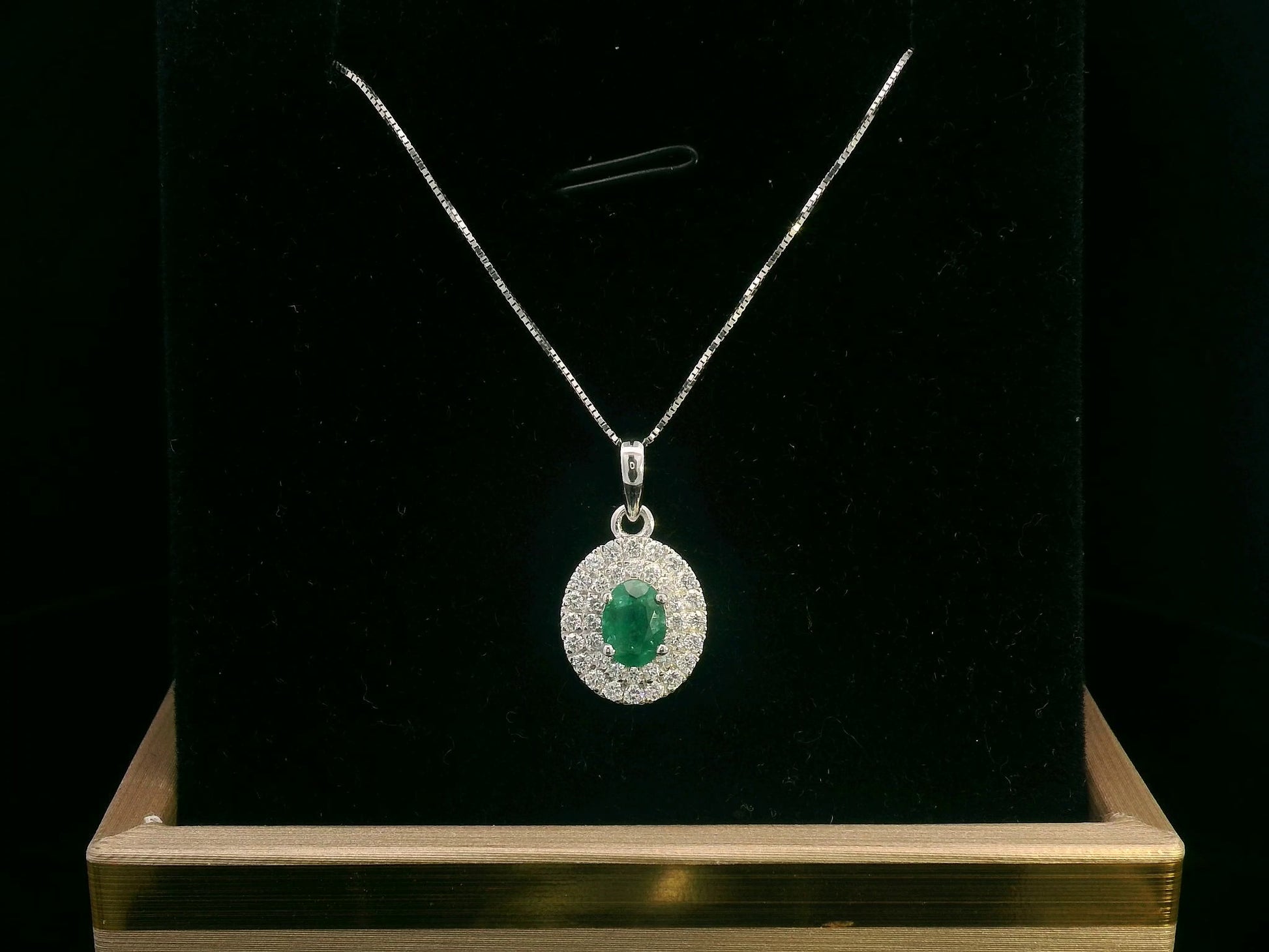 18K white gold emerald pendant with double diamond halo – 0.53ct oval emerald, 0.33ct diamonds, layering jewelry