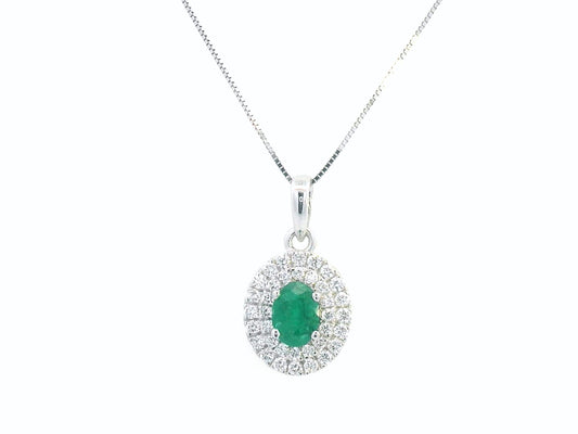 18K white gold emerald pendant with double diamond halo – 0.53ct oval emerald, 0.33ct diamonds, layering jewelry