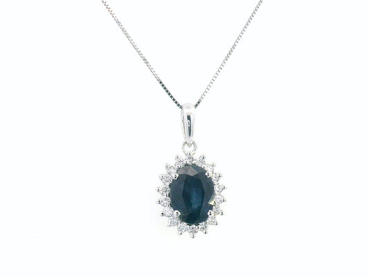 Oval Blue Sapphire & Diamond Halo Pendant in 18K Gold – 1.72 CT Sapphire with 0.20 CT Diamonds

