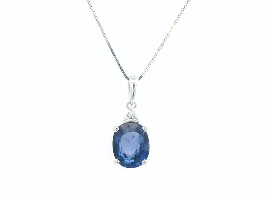 18K gold oval sapphire pendant with 1.95 Ct blue sapphire and 0.03 Ct diamond accents, classic gemstone jewelry