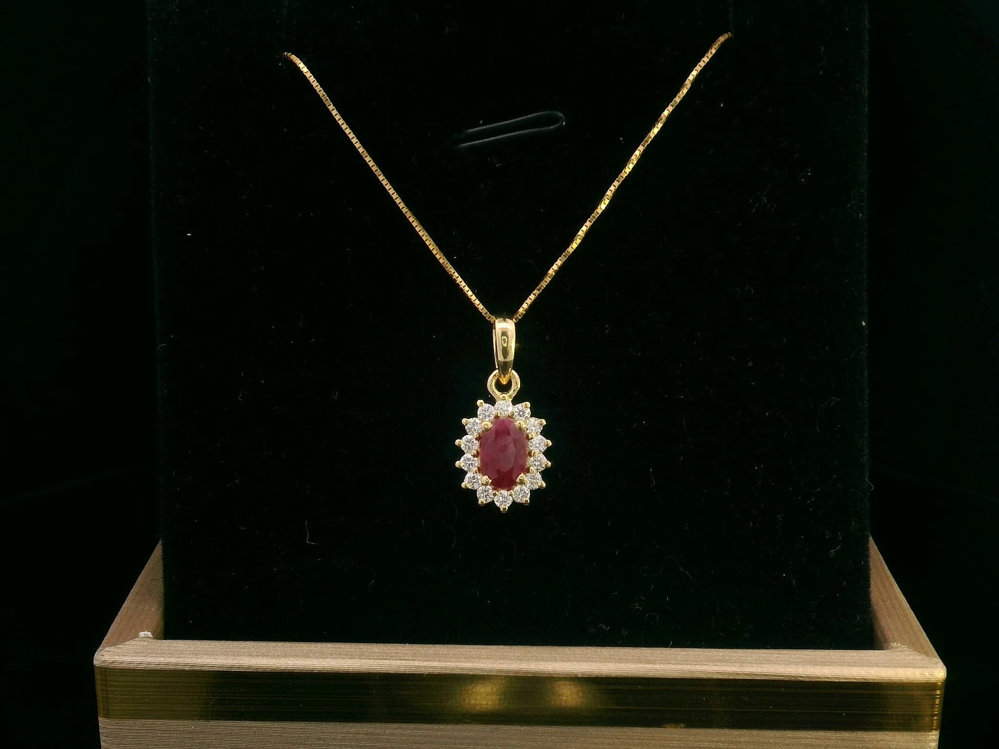 18K yellow gold oval ruby and diamond halo pendant – 0.74ct oval ruby, 0.20ct diamonds, layering jewelry