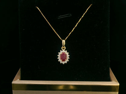 18K yellow gold oval ruby and diamond halo pendant – 0.74ct oval ruby, 0.20ct diamonds, layering jewelry