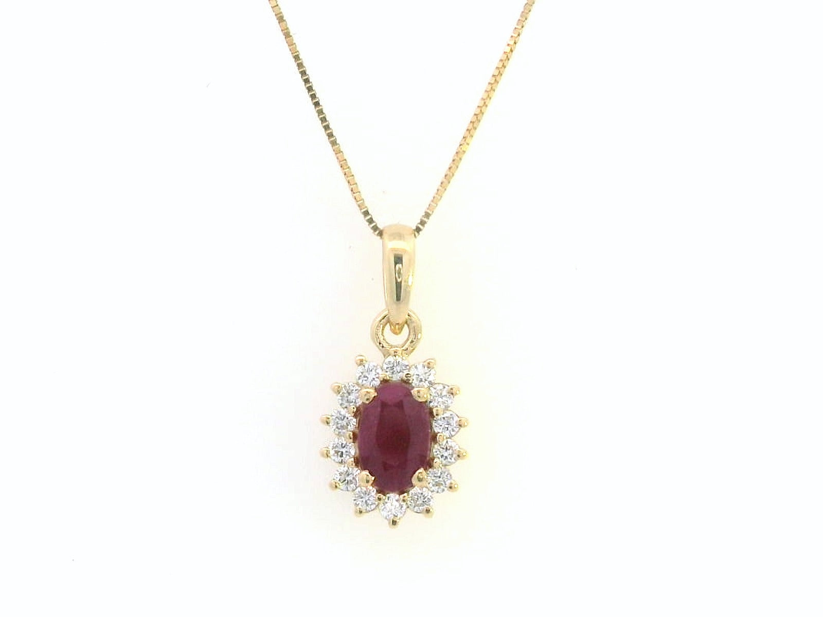 18K yellow gold ruby and diamond halo pendant – 0.74ct oval ruby, 0.20ct diamonds, layering jewelry