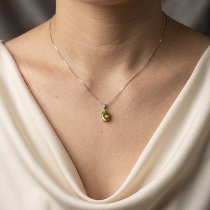 Peridot Solitaire Pendant in 18K White Gold- Oval Shaped Peridot