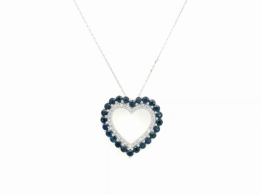 18K White Gold Heart Pendant Necklace with 1.86ct Blue Sapphires and 0.33ct Diamonds 