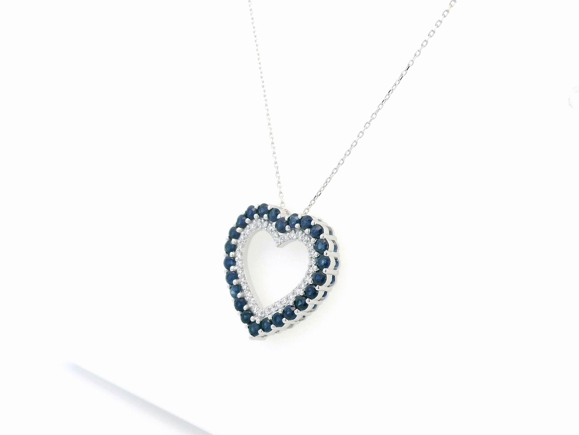 18K White Gold Heart Pendant Necklace with 1.86ct Blue Sapphires and 0.33ct Diamonds 