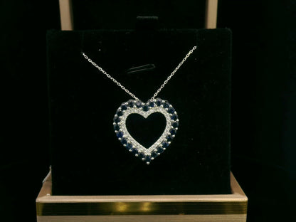 18K White Gold Heart Pendant Necklace with 1.86ct Blue Sapphires and 0.33ct Diamonds 