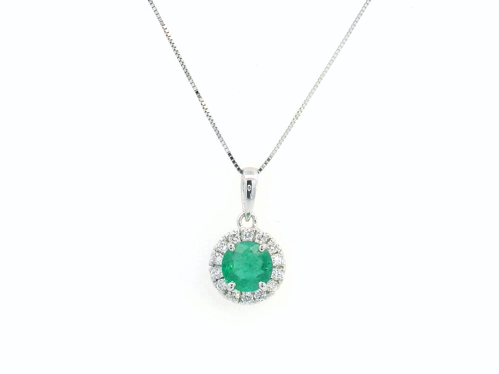 18K white gold emerald pendant with 0.60ct emerald and 0.17ct diamond halo, classic and elegant fine jewelry.