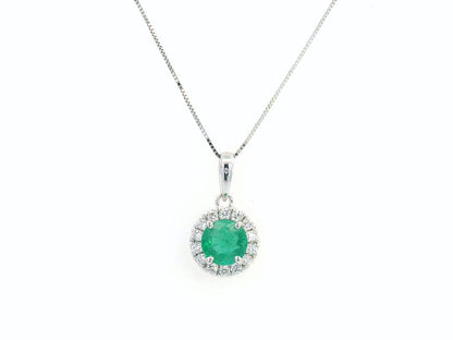 18K white gold emerald pendant with 0.60ct emerald and 0.17ct diamond halo, classic and elegant fine jewelry.