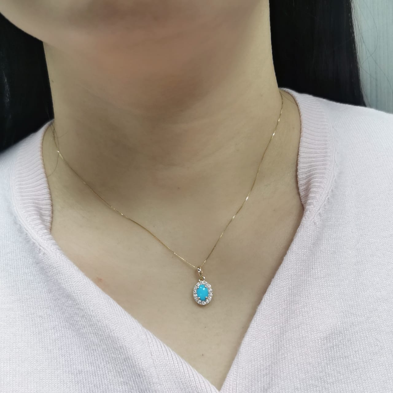 18K Yellow Gold Turquoise & Diamond Pendant – 0.82 CT Oval-Cut Turquoise, 0.25 CT Diamond Halo, Elegant Birthstone Jewelry (Chain Not Included)