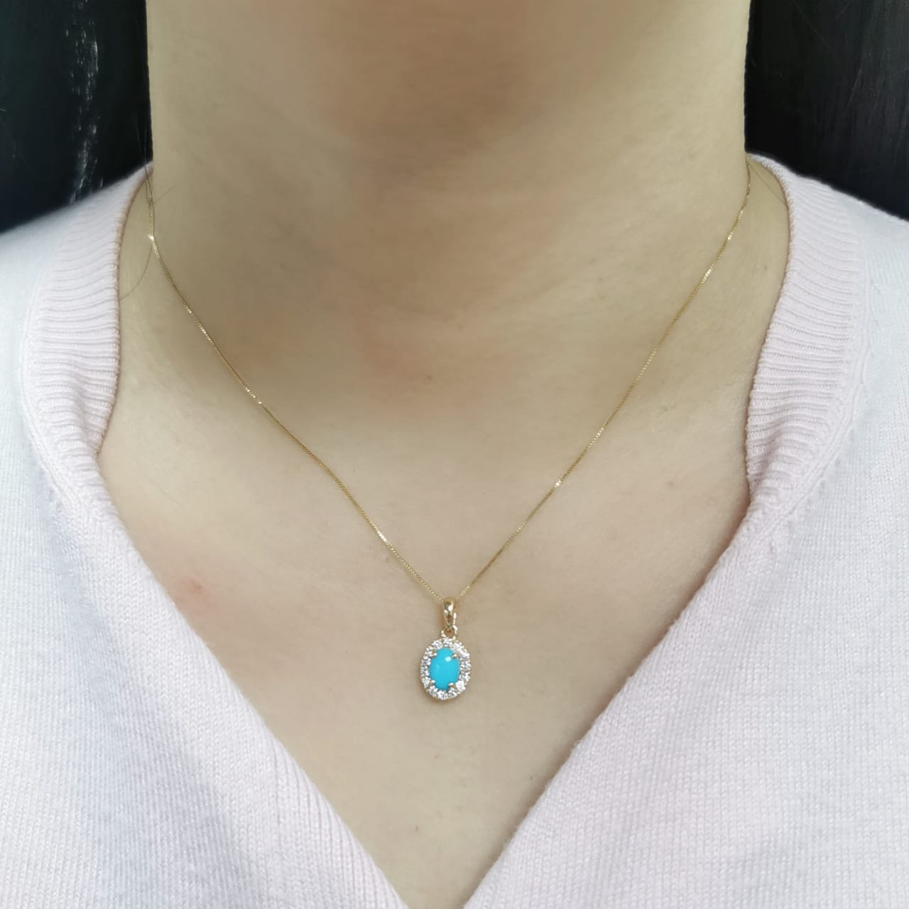 18K Yellow Gold Turquoise & Diamond Pendant – 0.82 CT Oval-Cut Turquoise, 0.25 CT Diamond Halo, Elegant Birthstone Jewelry (Chain Not Included)