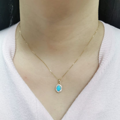 18K Yellow Gold Turquoise & Diamond Pendant – 0.82 CT Oval-Cut Turquoise, 0.25 CT Diamond Halo, Elegant Birthstone Jewelry (Chain Not Included)
