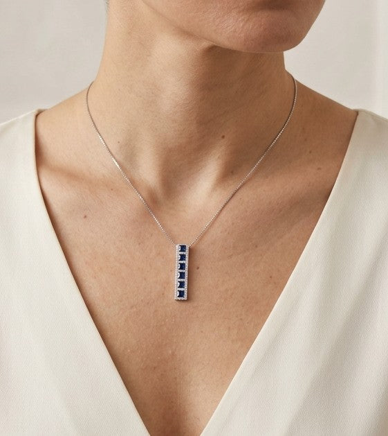 Blue Sapphire and Diamond Bar Pendant in 18K White Gold