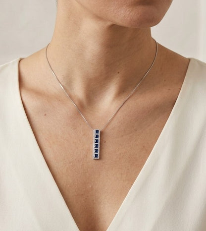 Blue Sapphire and Diamond Bar Pendant in 18K White Gold