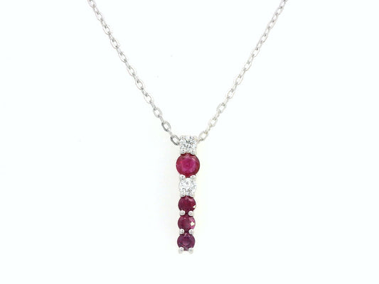 18K gold ruby and diamond vertical bar pendant necklace, featuring 0.50 carats of rubies and 0.13 carats of diamonds – dainty July birthstone jewelry for women.