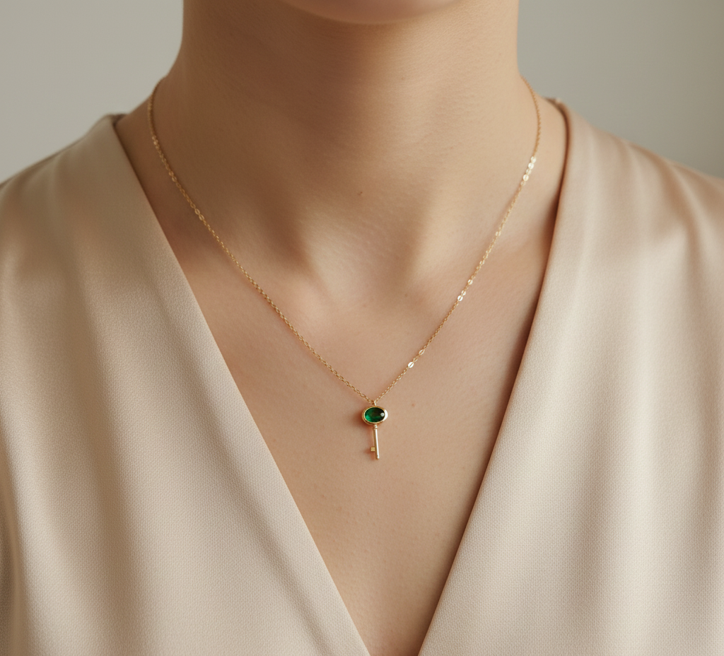 18K yellow gold emerald key necklace with 0.39 carat emerald by Emirates Diamonds