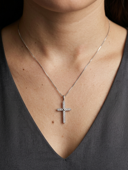 18K white gold natural diamond cross pendant with round brilliant diamonds, Christian religious pendant.