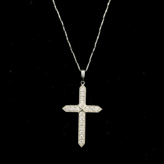 18K white gold natural diamond cross pendant with round brilliant diamonds, Christian religious pendant.