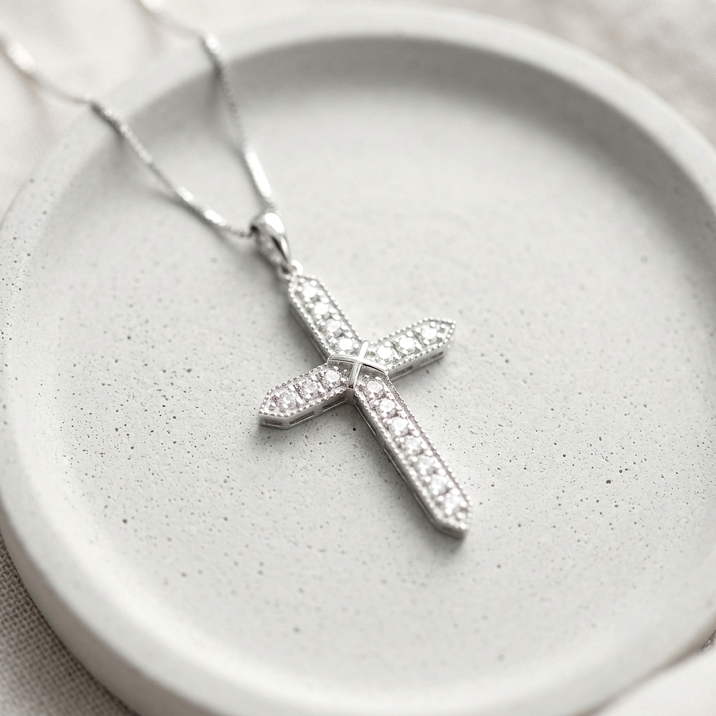 Diamond Cross Pendant in 18K White Gold | Natural Diamond Religious Pendant