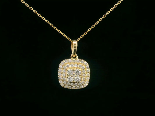 18K gold cushion-shaped diamond pendant with double halo design, 0.53 carats total, chain not included.
