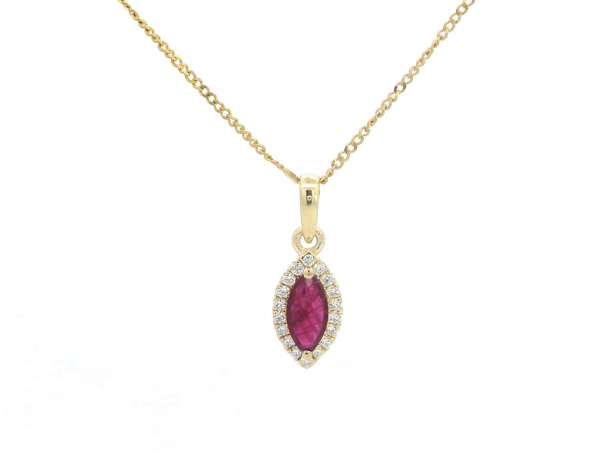 18K Gold Pendant with Marquise-Cut Ruby and Diamond Halo – 0.61ct Ruby and 0.14ct Diamond