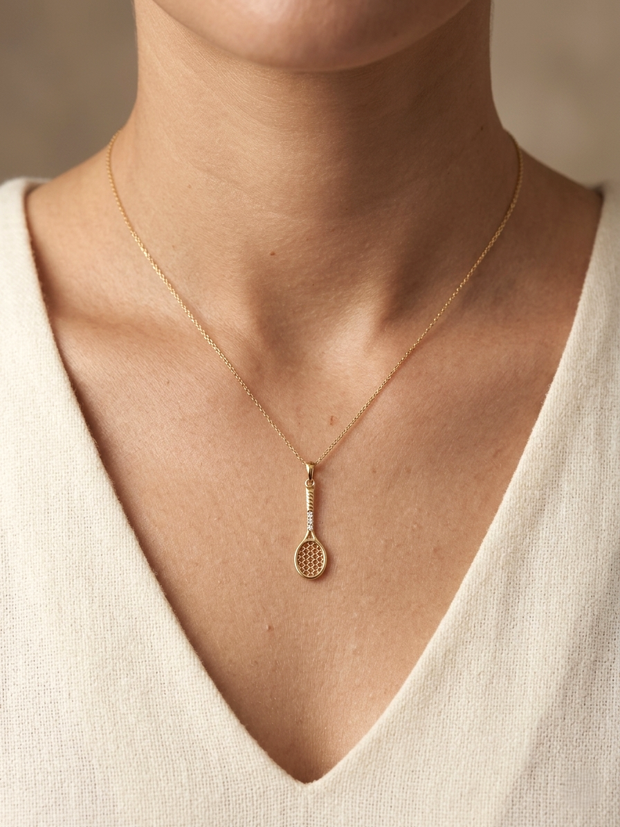 18K yellow gold tennis racket pendant necklace with diamond accents by Emirates Diamonds