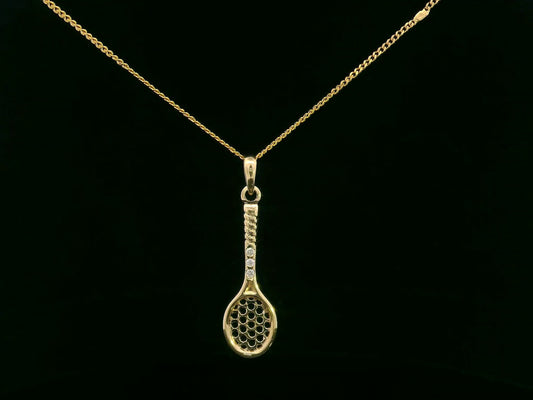 18K yellow gold tennis racket pendant with diamond handle detailing