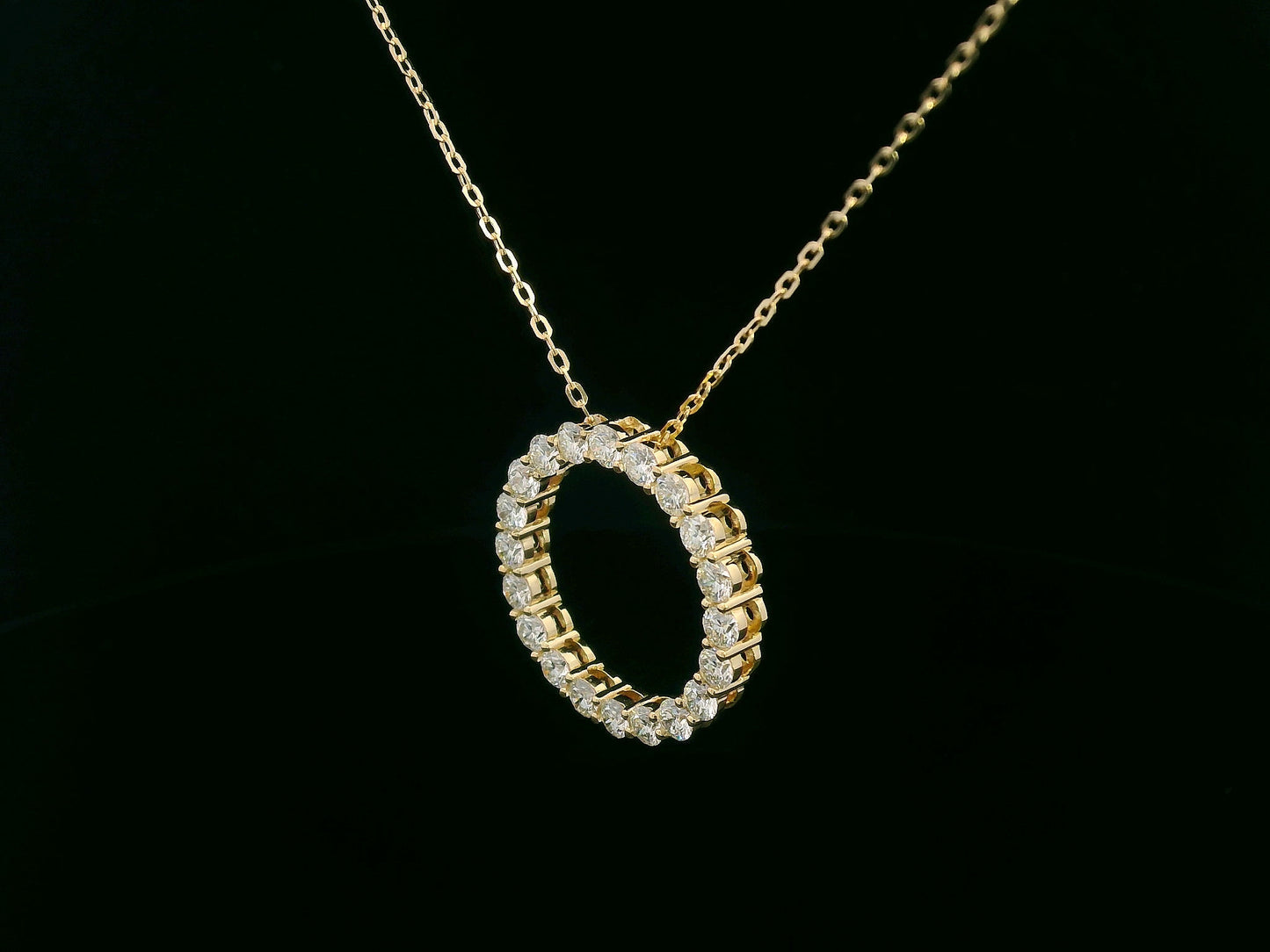 18K yellow gold open circle diamond pendant necklace with 1.74 carats of round diamonds and gold chain