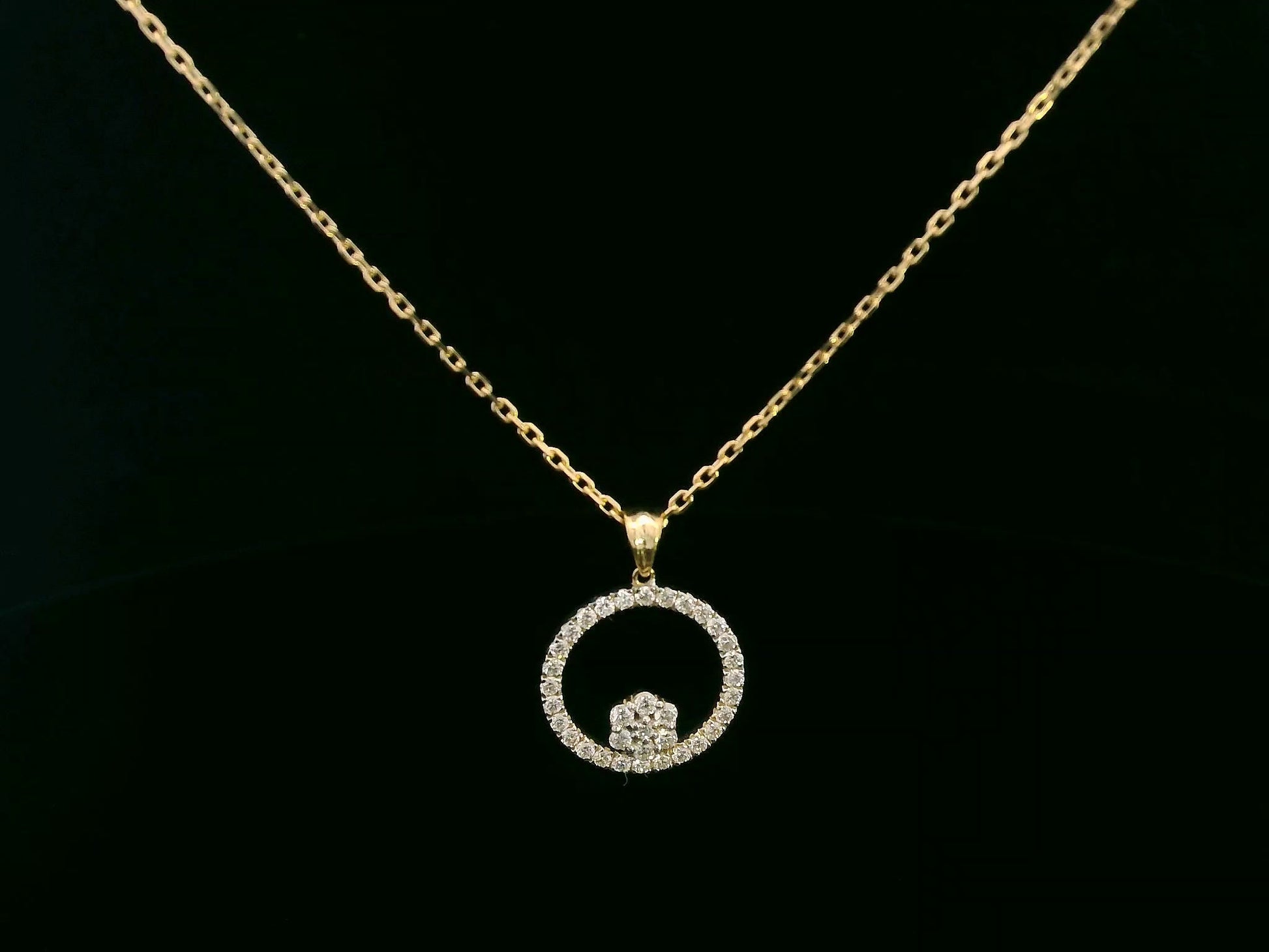 18K gold diamond circle pendant with floral diamond cluster, 0.35 carat total, minimalist design without chain