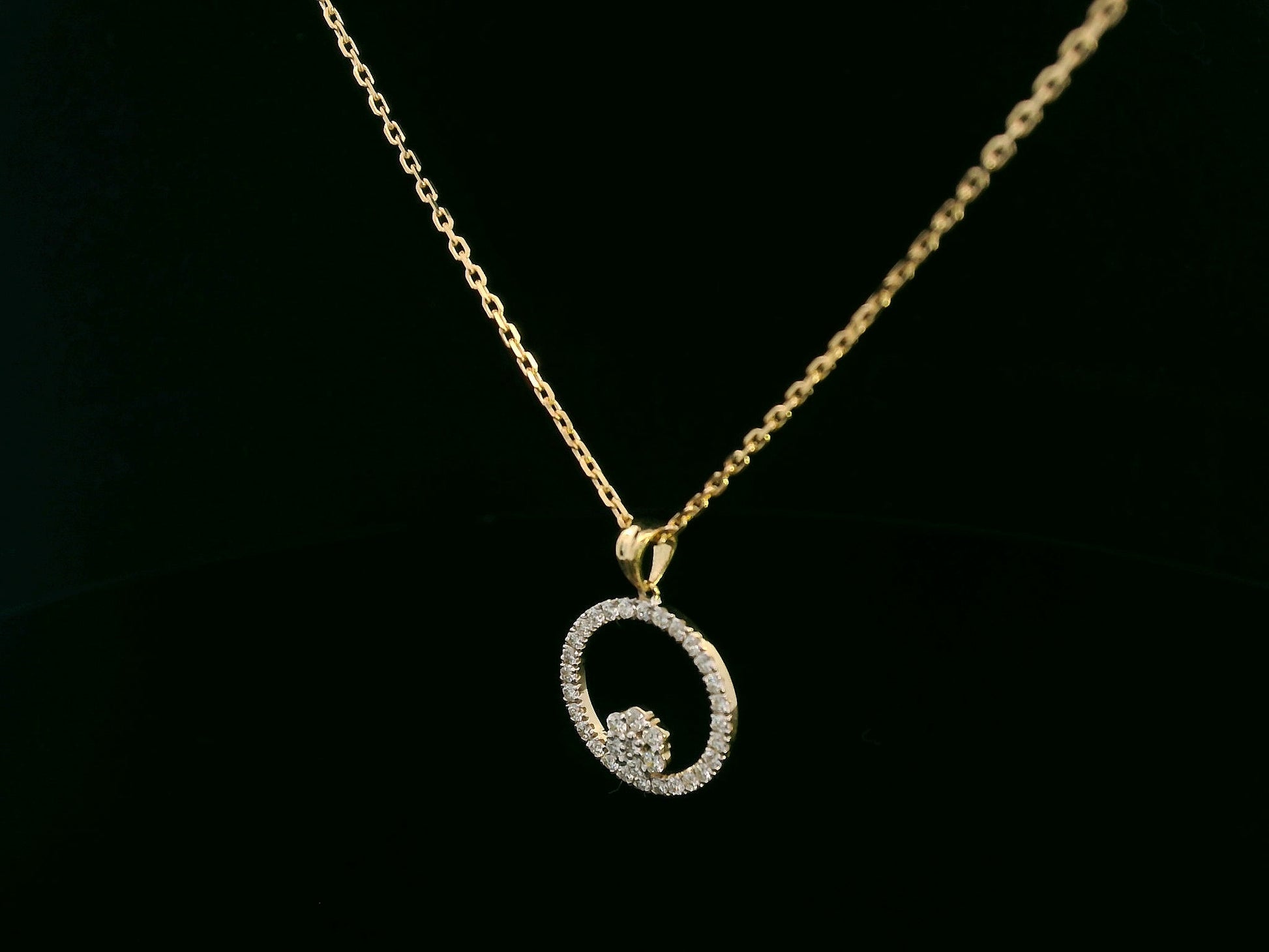 18K gold diamond circle pendant with floral diamond cluster, 0.35 carat total, minimalist design without chain