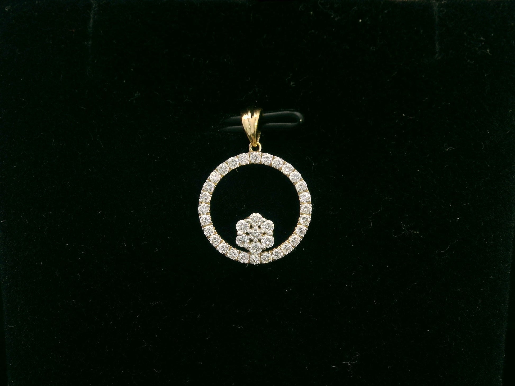 18K gold diamond circle pendant with floral diamond cluster, 0.35 carat total, minimalist design without chain