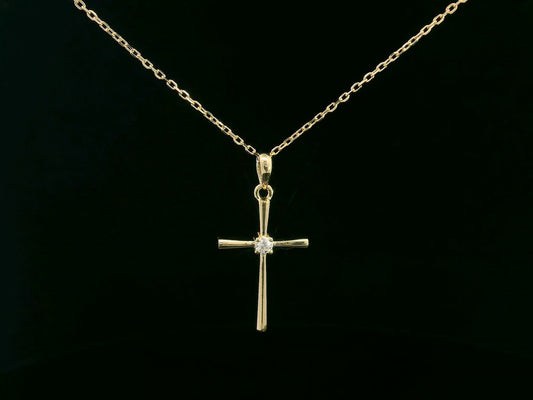 18K yellow gold cross pendant with 0.05 carat center diamond, minimalist design, chain not included