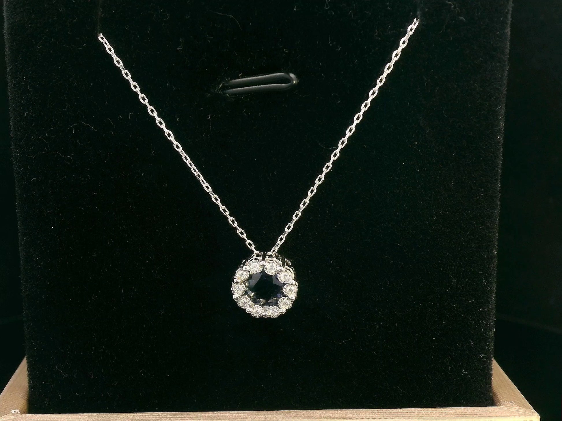 18K White Gold Sapphire and Diamond Halo Pendant Necklace with 0.96 CT Sapphire and 0.05 CTW Diamonds