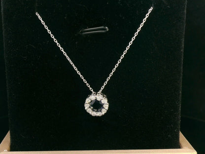 18K White Gold Sapphire and Diamond Halo Pendant Necklace with 0.96 CT Sapphire and 0.05 CTW Diamonds