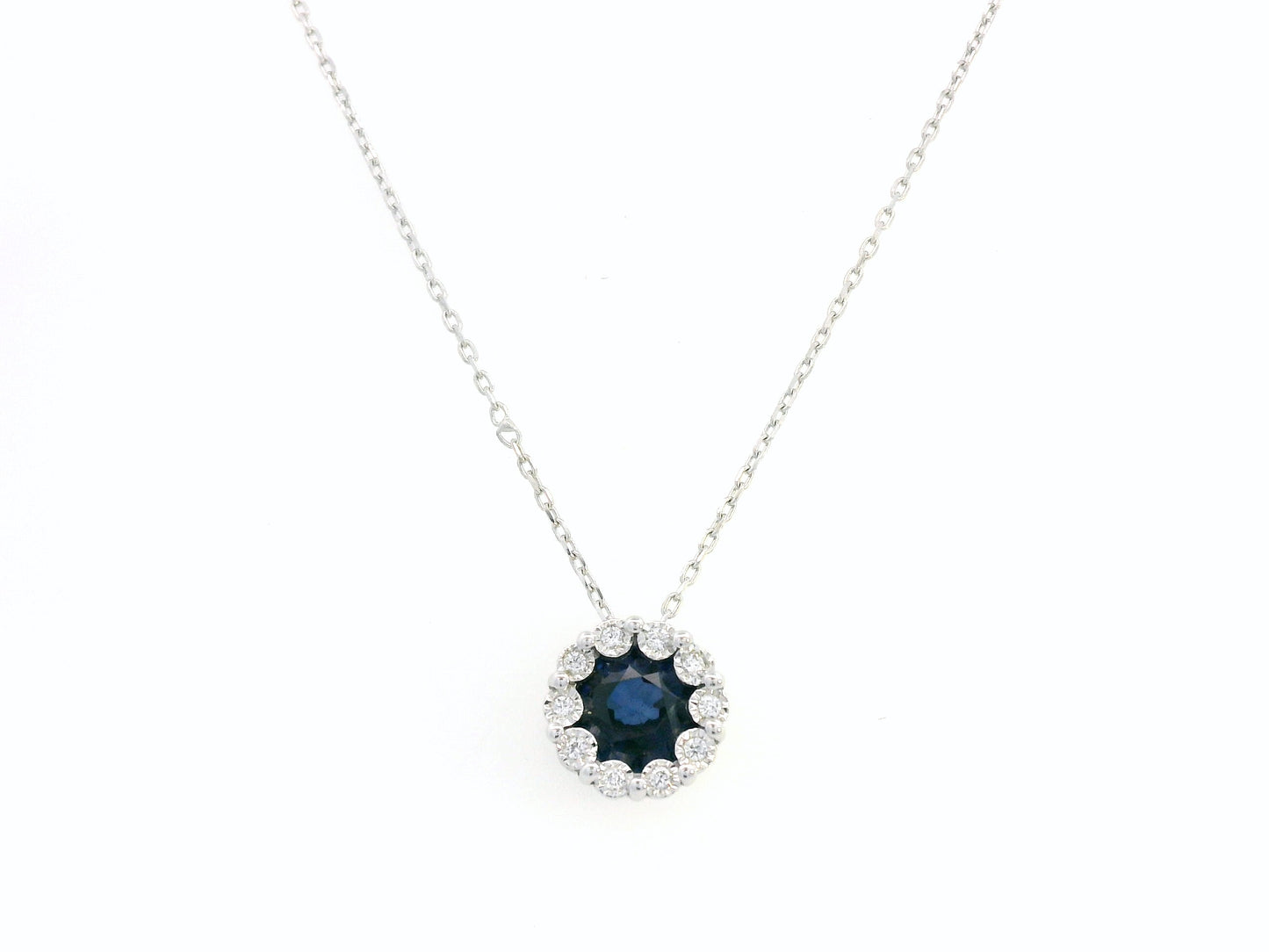 18K White Gold Sapphire and Diamond Halo Pendant Necklace with 0.96 CT Sapphire and 0.05 CTW Diamonds