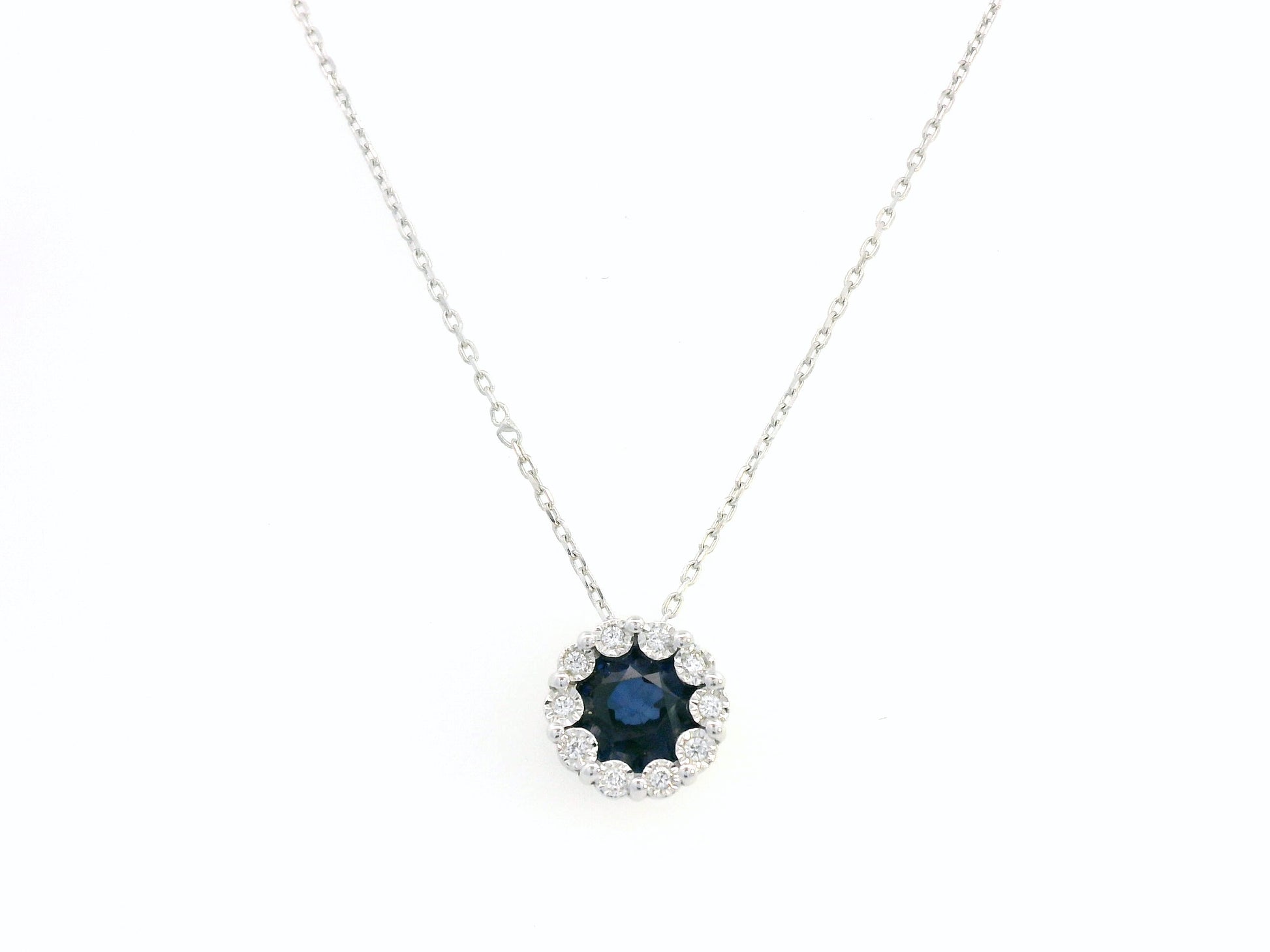 18K White Gold Sapphire and Diamond Halo Pendant Necklace with 0.96 CT Sapphire and 0.05 CTW Diamonds