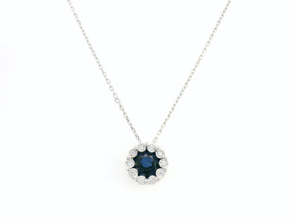 18K White Gold Sapphire and Diamond Halo Pendant Necklace with 0.96 CT Sapphire and 0.05 CTW Diamonds
