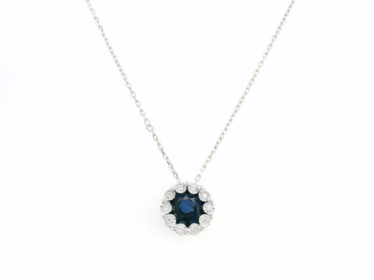 18K White Gold Sapphire and Diamond Halo Pendant Necklace with 0.96 CT Sapphire and 0.05 CTW Diamonds