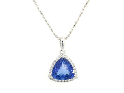 Trillion-cut Tanzanite pendant in 18K white gold with diamond halo, 3.43 carat Tanzanite and 0.16 carat diamonds