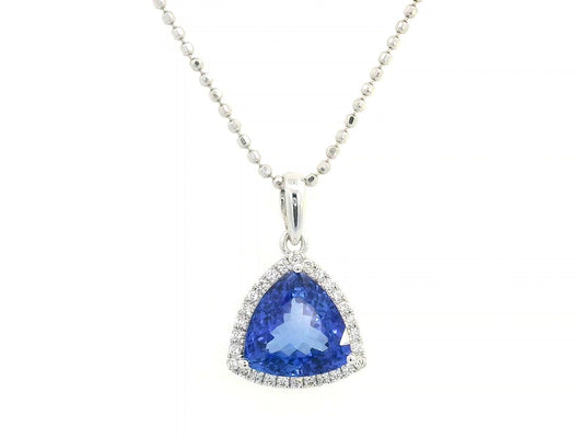 Trillion-cut Tanzanite pendant in 18K white gold with diamond halo, 3.43 carat Tanzanite and 0.16 carat diamonds