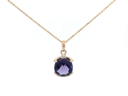18K rose gold amethyst pendant with cushion-cut 3.66ct amethyst and 0.05ct diamonds.