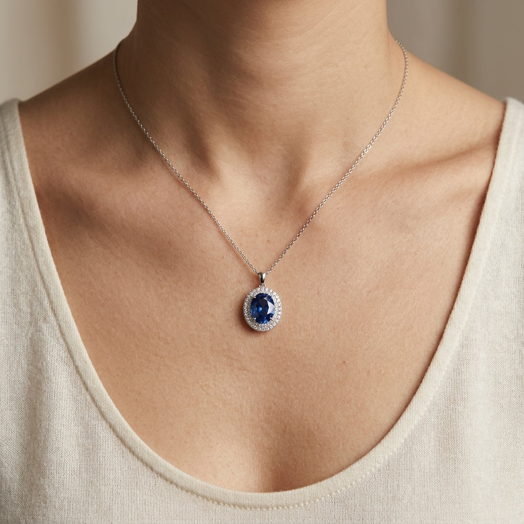 Oval violet-blue tanzanite pendant in 18K white gold surrounded by a double halo of round diamonds.