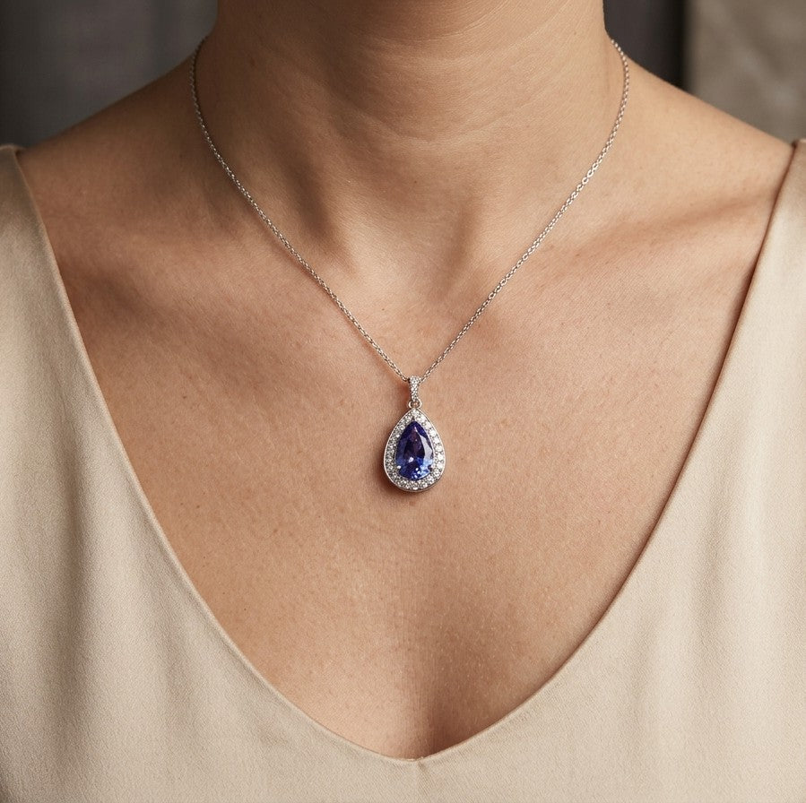 Tanzanite and Diamond Halo Pendant in 18K White Gold- Pear Shape