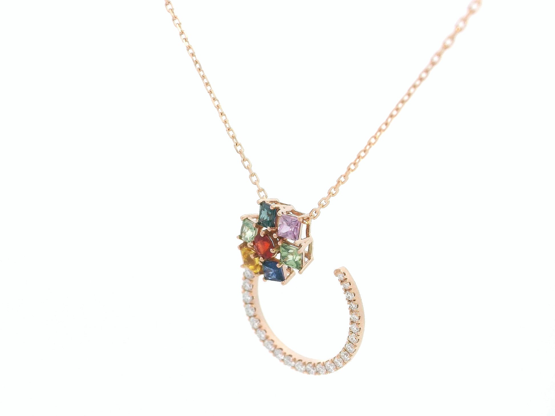 18K rose gold necklace with multicolor princess-cut sapphires and diamonds