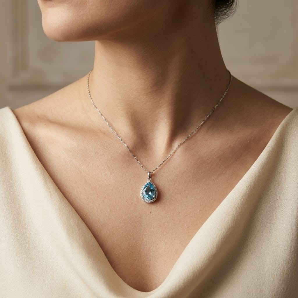Swiss Blue Topaz & Diamond Halo Pendant in 18K White Gold – 7.05 Carat