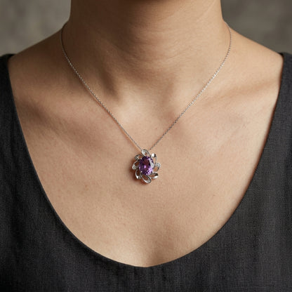 Oval Amethyst and Diamond Floral Pendant in 18K White Gold