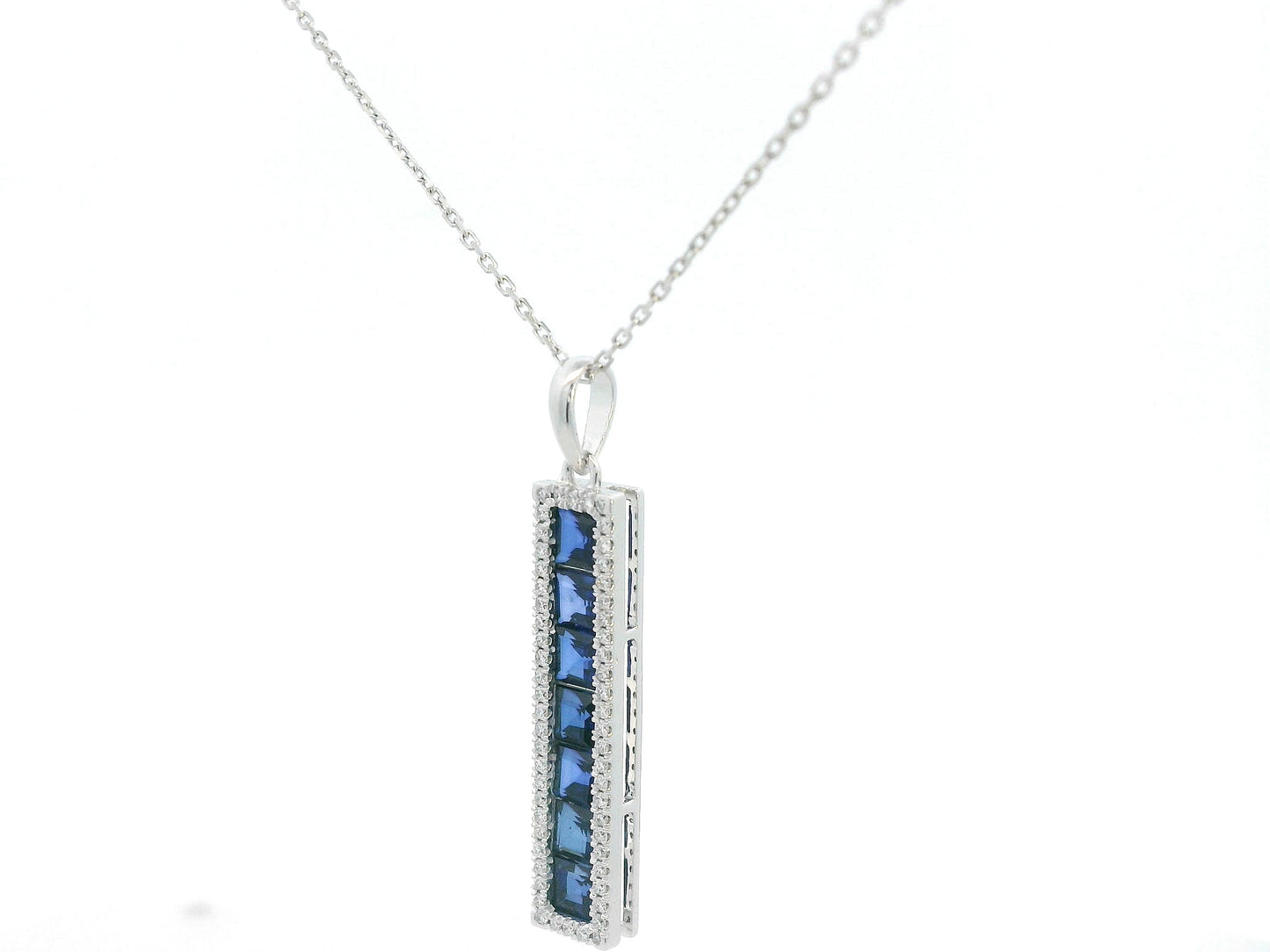 Sapphire and diamond vertical bar pendant in 18K white gold