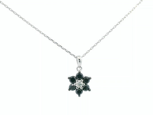 18k white gold flower pendant with black and white diamonds – chain not included