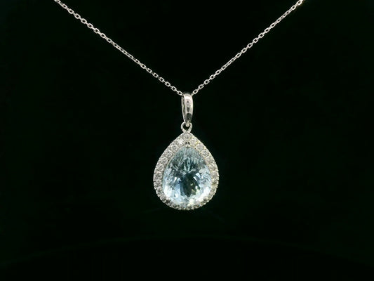18k white gold pear aquamarine and diamond pendant – 5.28 CT gemstone,