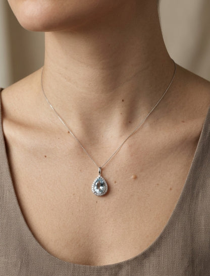 Aquamarine and Diamond Halo Pendant in 18K White Gold- Pear Shape Aquamarine